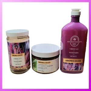 HIBISCUS MANDARIN VIOLET AROMA OASIS 3 PC BATH & BODY SET WASH, SCRUB, STEAMERS